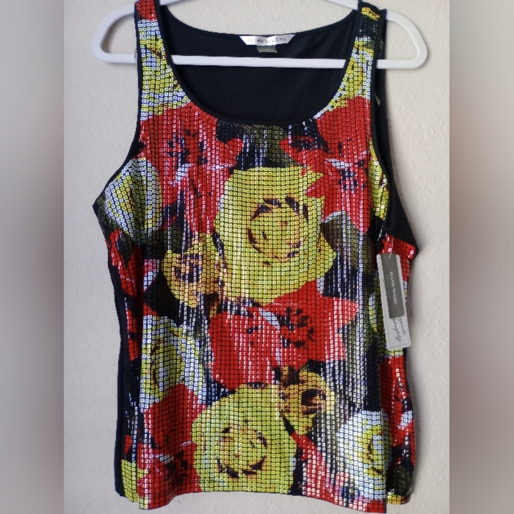 Peter Nygard Women's Floral Print Red, Black & Yellow Blouse Top Size XL
